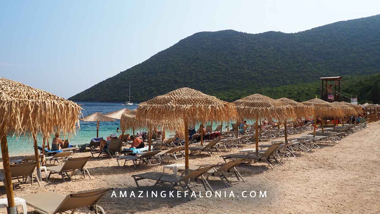 Parasols for rent behind Antisamos beach on the island of Kefalonia